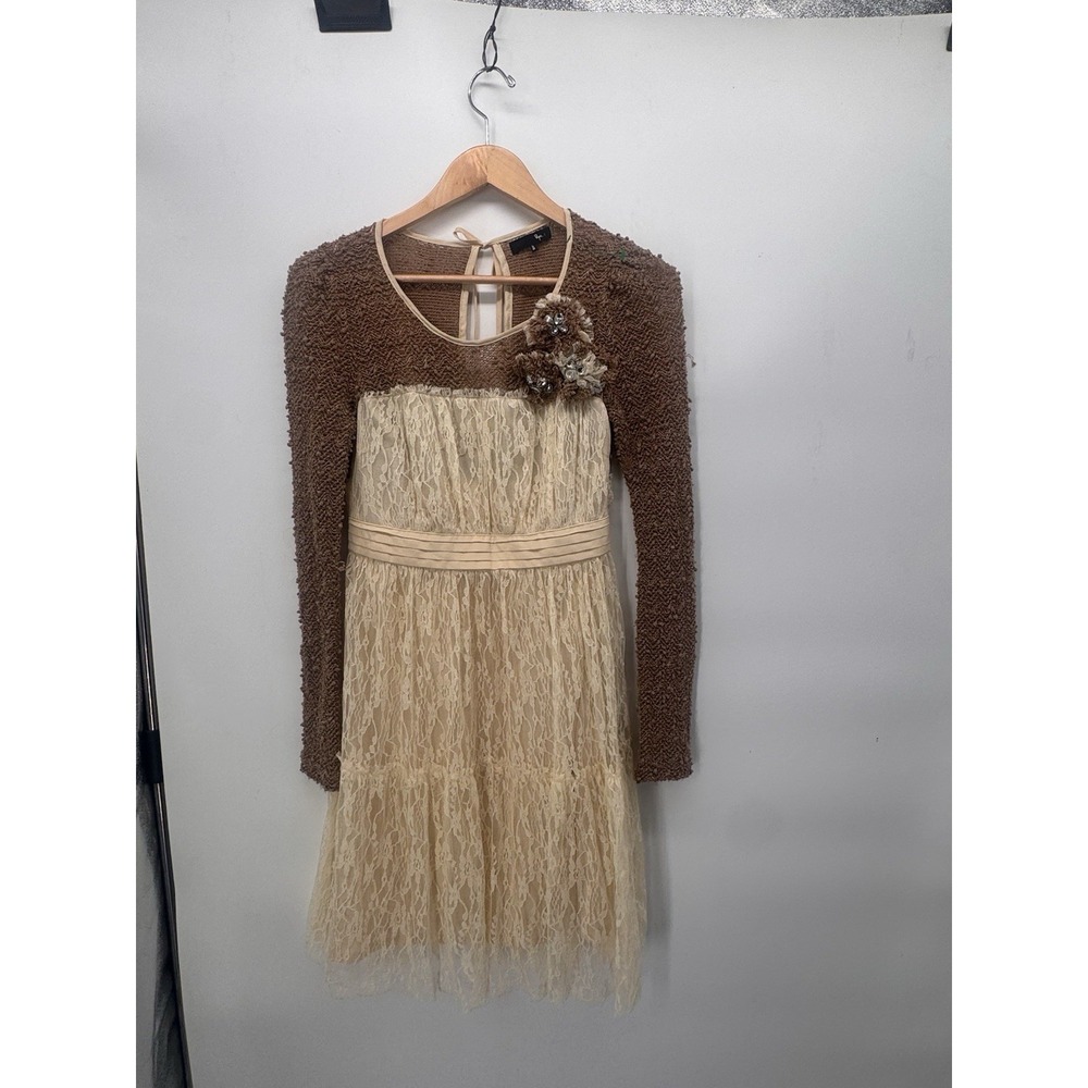 Ryu Dress Brown nubby Bodice 3D Rosette Ivory Lace Skirt Ladies S Boho Cowgirl